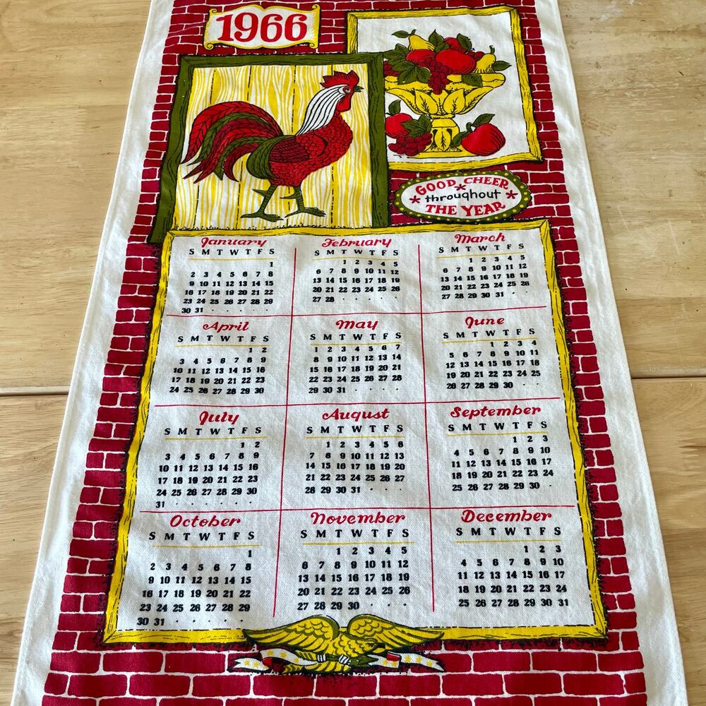 Vintage 1996 Linen Tea Towel Calendar with Rooster & Bowl of Fruit EUC